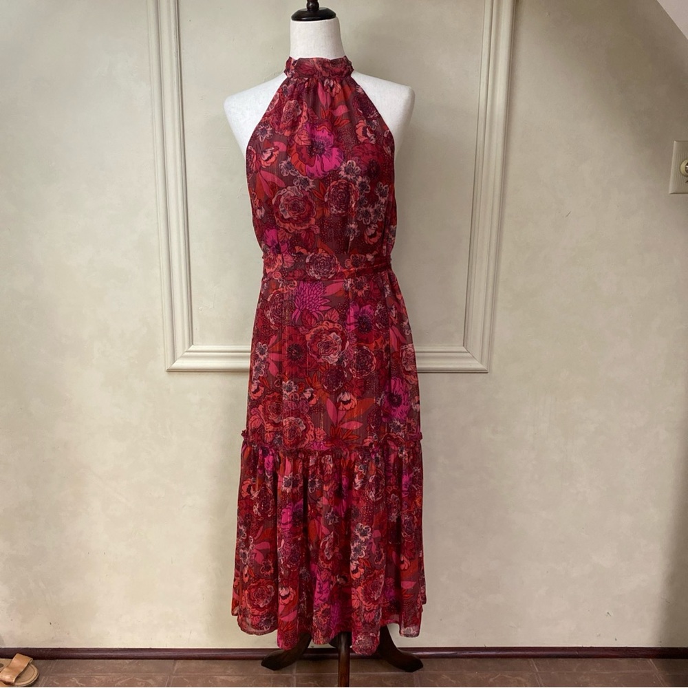 Lulus Standout Aesthetic Red Floral Lurex Halter Tiered Midi Dress Large